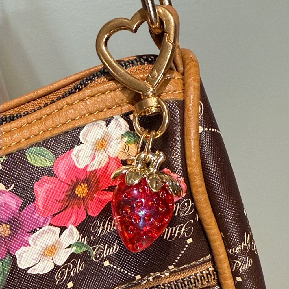 Beverly Hills Polo Club Brown, Pink Floral Shoulder Bag , Strawberry Key charm - Picture 6 of 11
